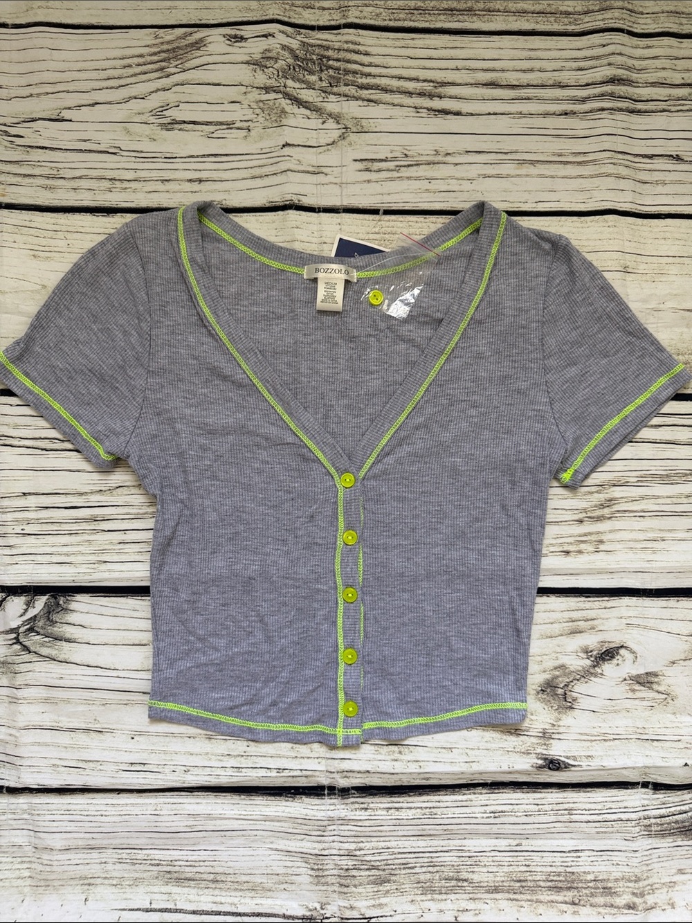 ♡ Bozzolo Heather Gray Buttoned Crop Top with Neon Green Trim S